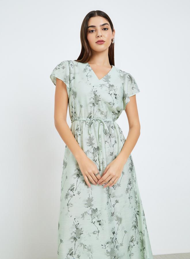 Women Green Floral Print Short Sleeves Maxi Dress